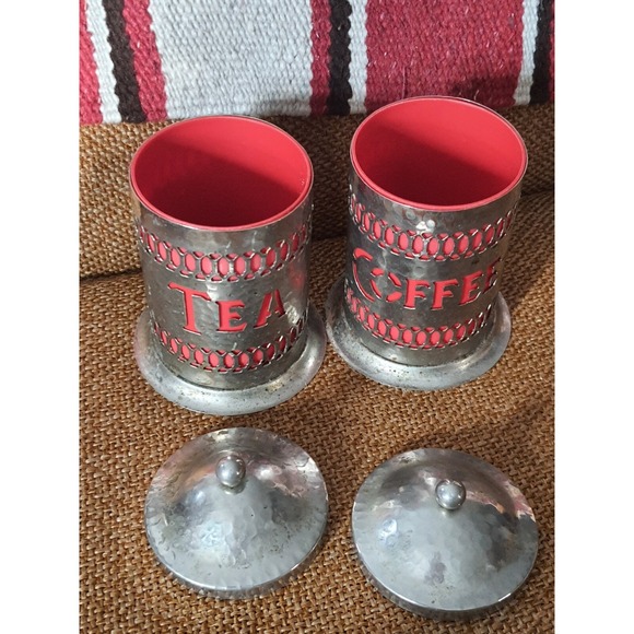 Vintage Coffee & Tea Silver Tone Metal Lidded Red Inside Canisters Counter Set - Picture 5 of 5